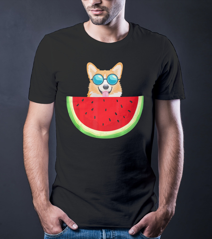 Corgi With Sunglasses And Watermelon Slice Womens T-Shirt