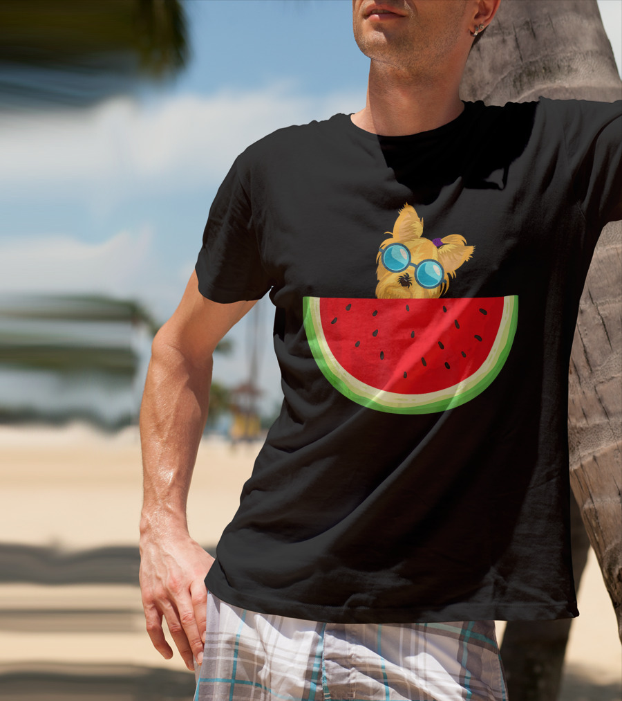 Yorkie Dog With Sunglasses And Watermelon Slice T-Shirt