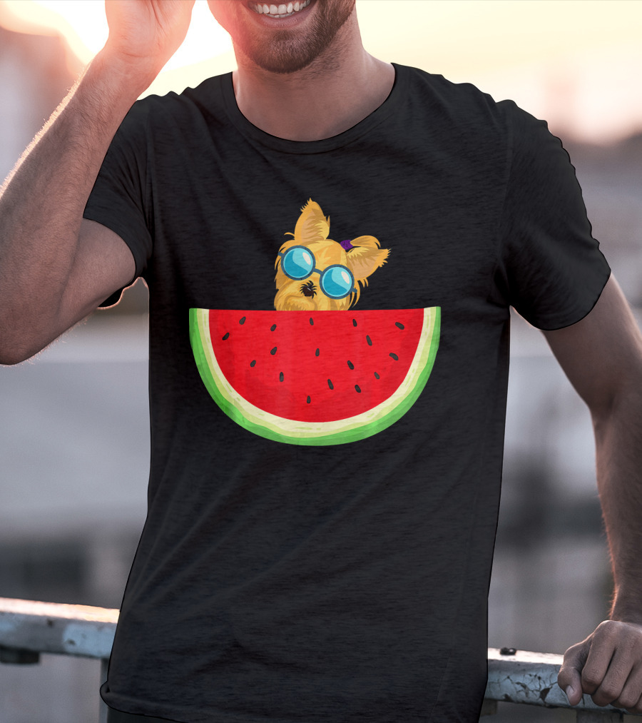 Yorkie Dog With Sunglasses And Watermelon Slice T-Shirt