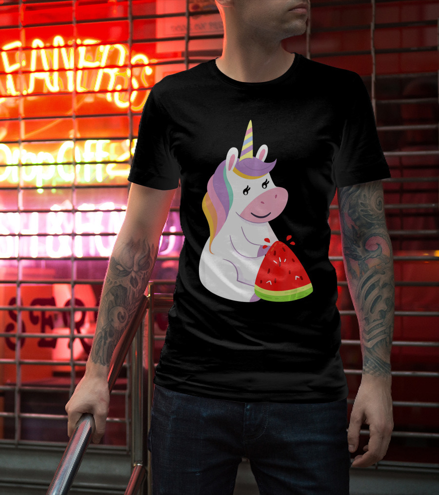 Unicorn Eating Watermelon With Rainbow Mane Novelty T-Shirt
