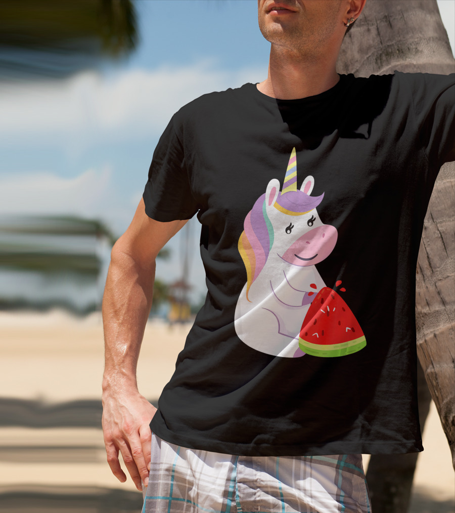 Unicorn Eating Watermelon With Rainbow Mane Novelty T-Shirt