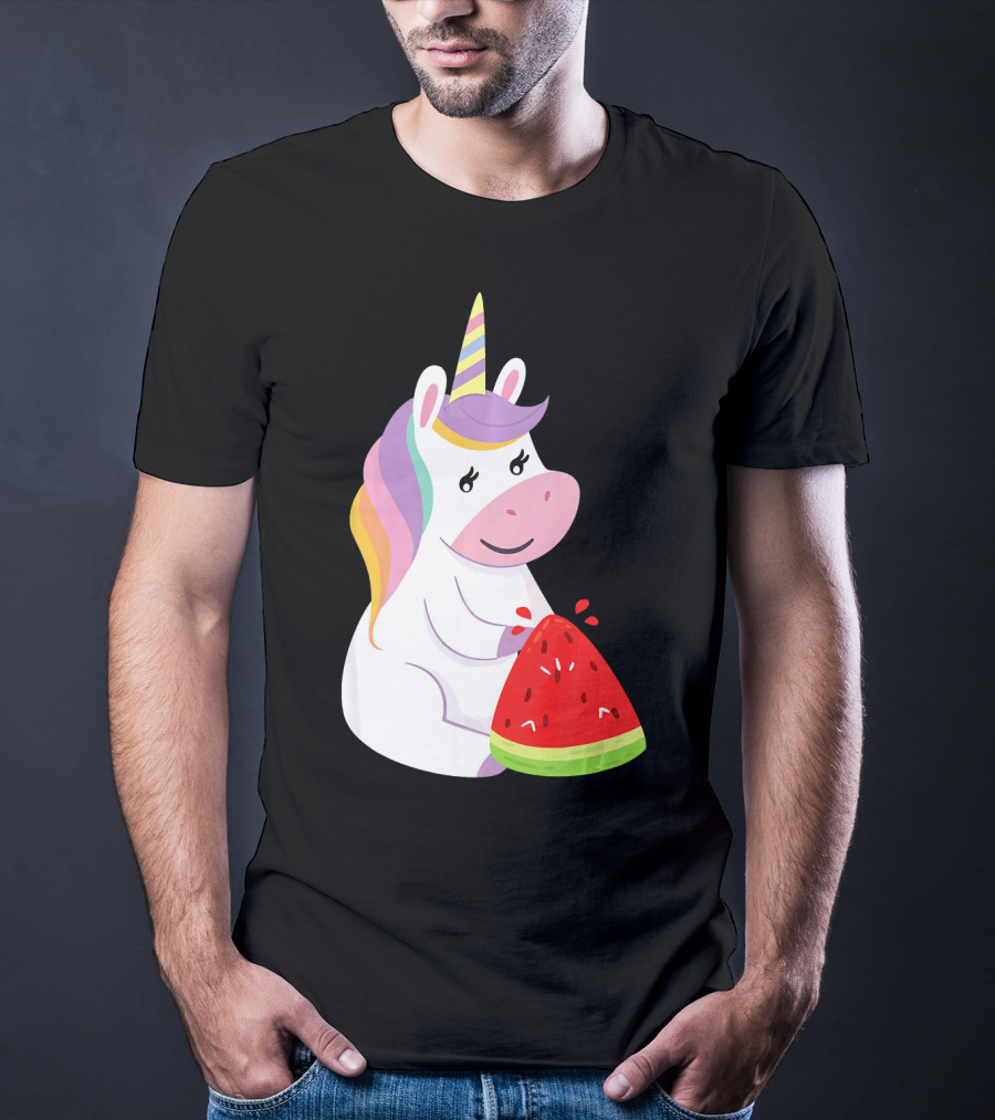 Unicorn Eating Watermelon With Rainbow Mane Novelty T-Shirt
