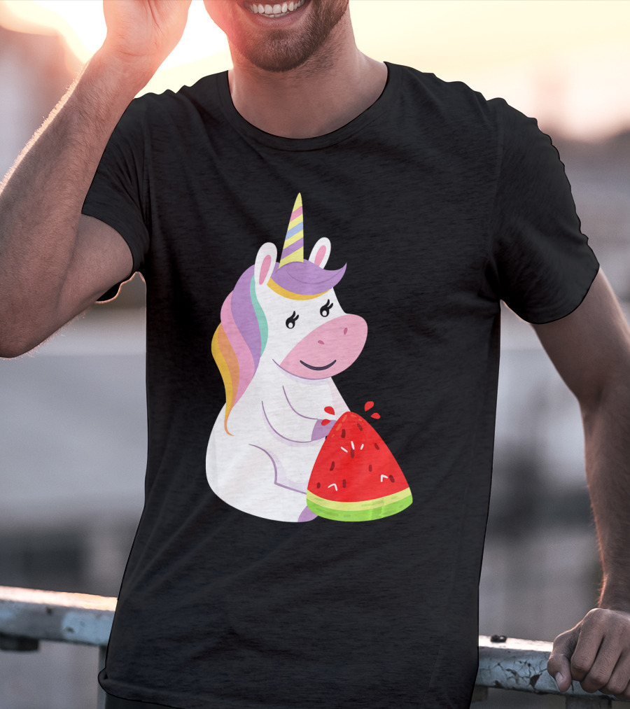 Unicorn Eating Watermelon With Rainbow Mane Novelty T-Shirt