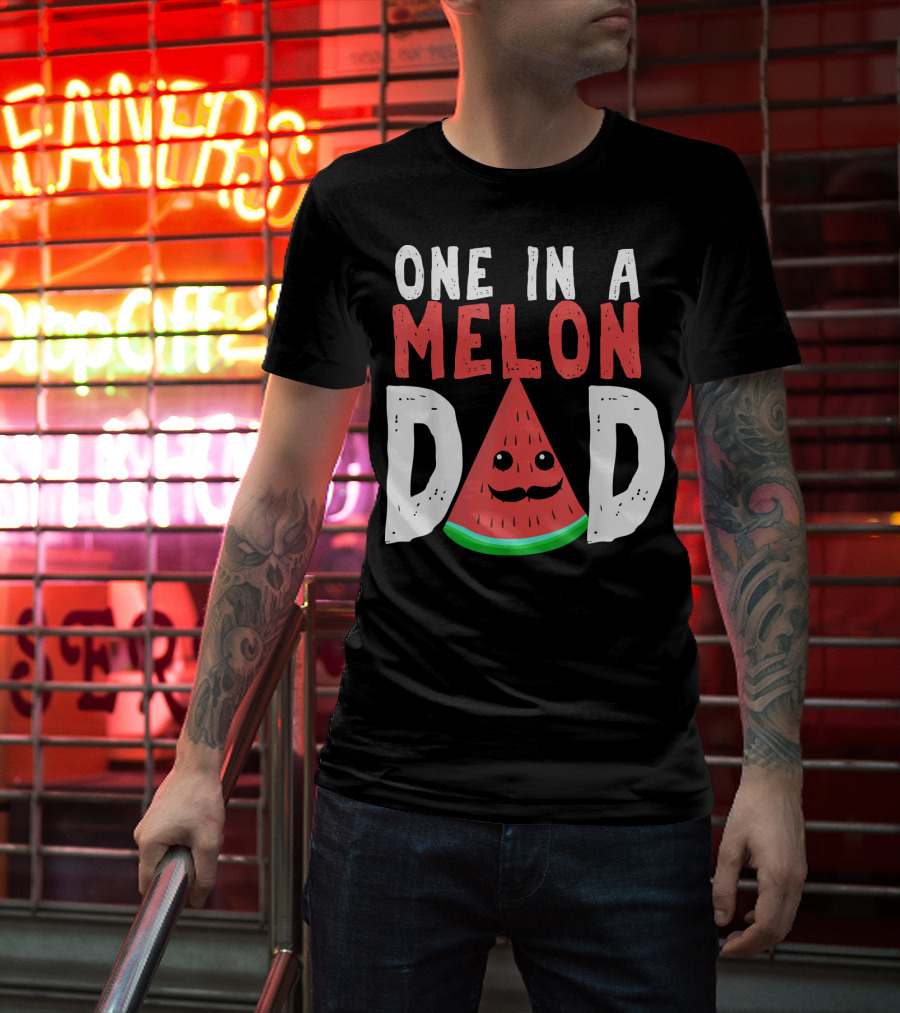 One In A Melon Dad Funny Watermelon Mustache Smiling Block Letters T-Shirt