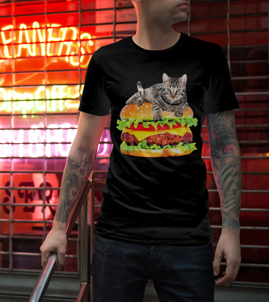 Funny Space Cat On Giant Hamburger T-Shirt