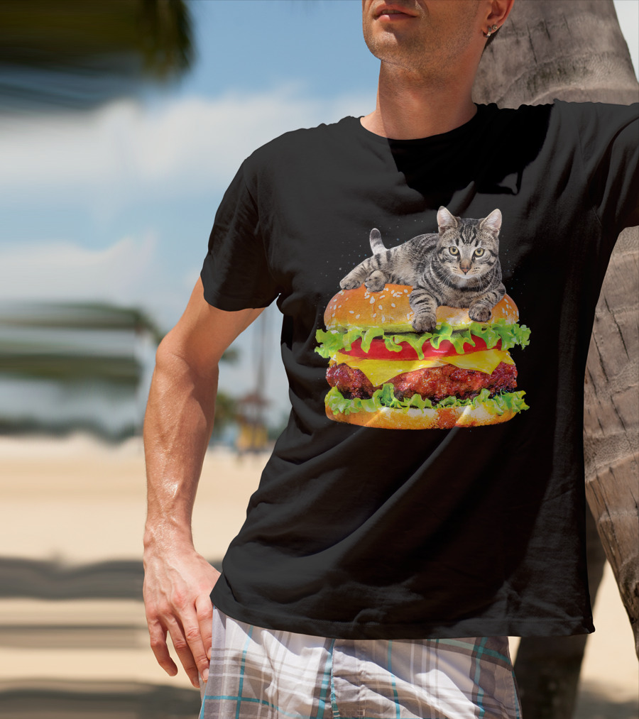 Funny Space Cat On Giant Hamburger T-Shirt