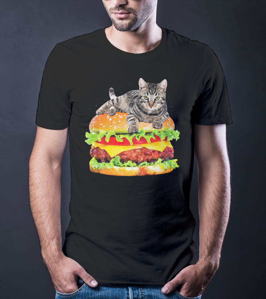 Funny Space Cat On Giant Hamburger T-Shirt