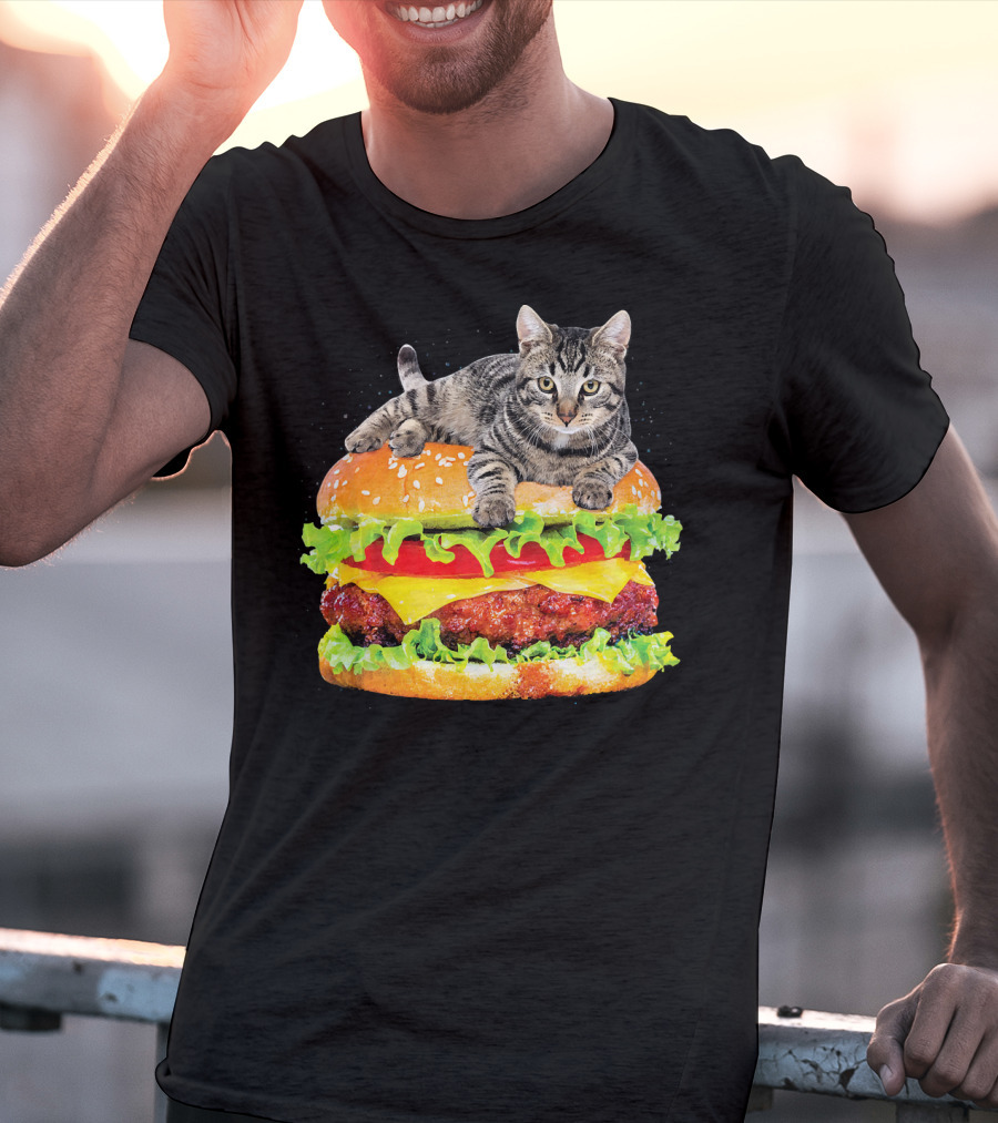Funny Space Cat On Giant Hamburger T-Shirt