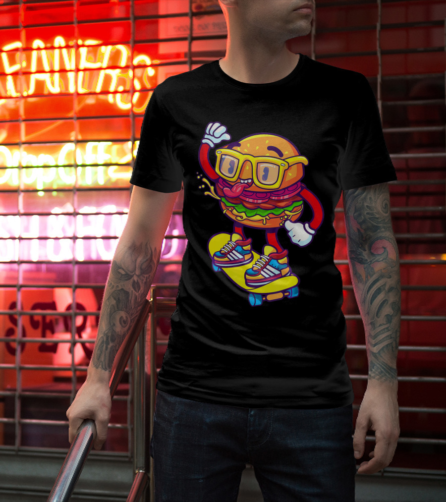 Skateboarding Cheeseburger Cartoon With Glasses And Sneakers T-Shirt