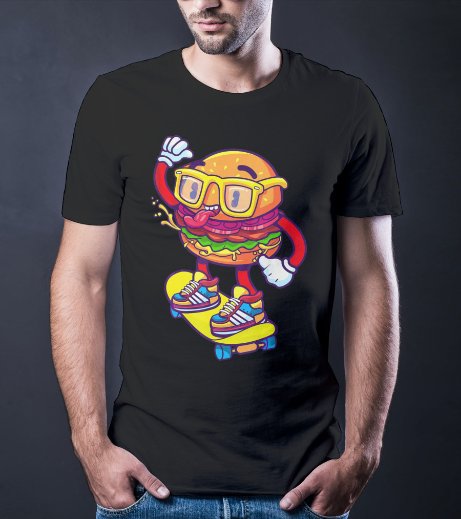 Skateboarding Cheeseburger Cartoon With Glasses And Sneakers T-Shirt