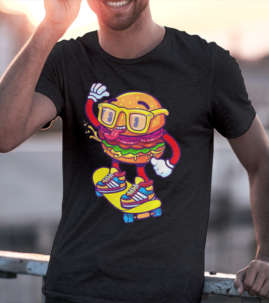 Skateboarding Cheeseburger Cartoon With Glasses And Sneakers T-Shirt
