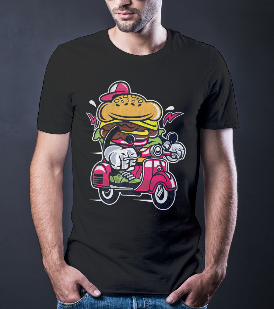 Vintage Scooter Burger Cartoon Rider T-Shirt