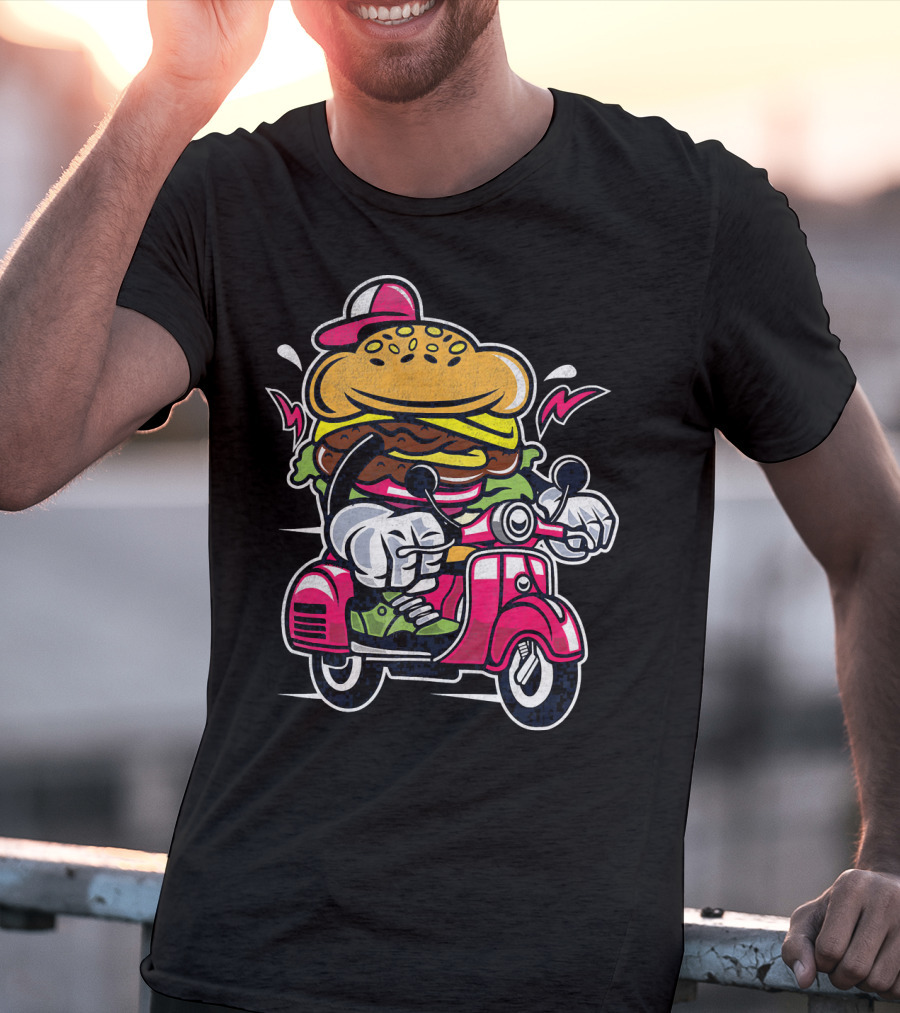 Vintage Scooter Burger Cartoon Rider T-Shirt