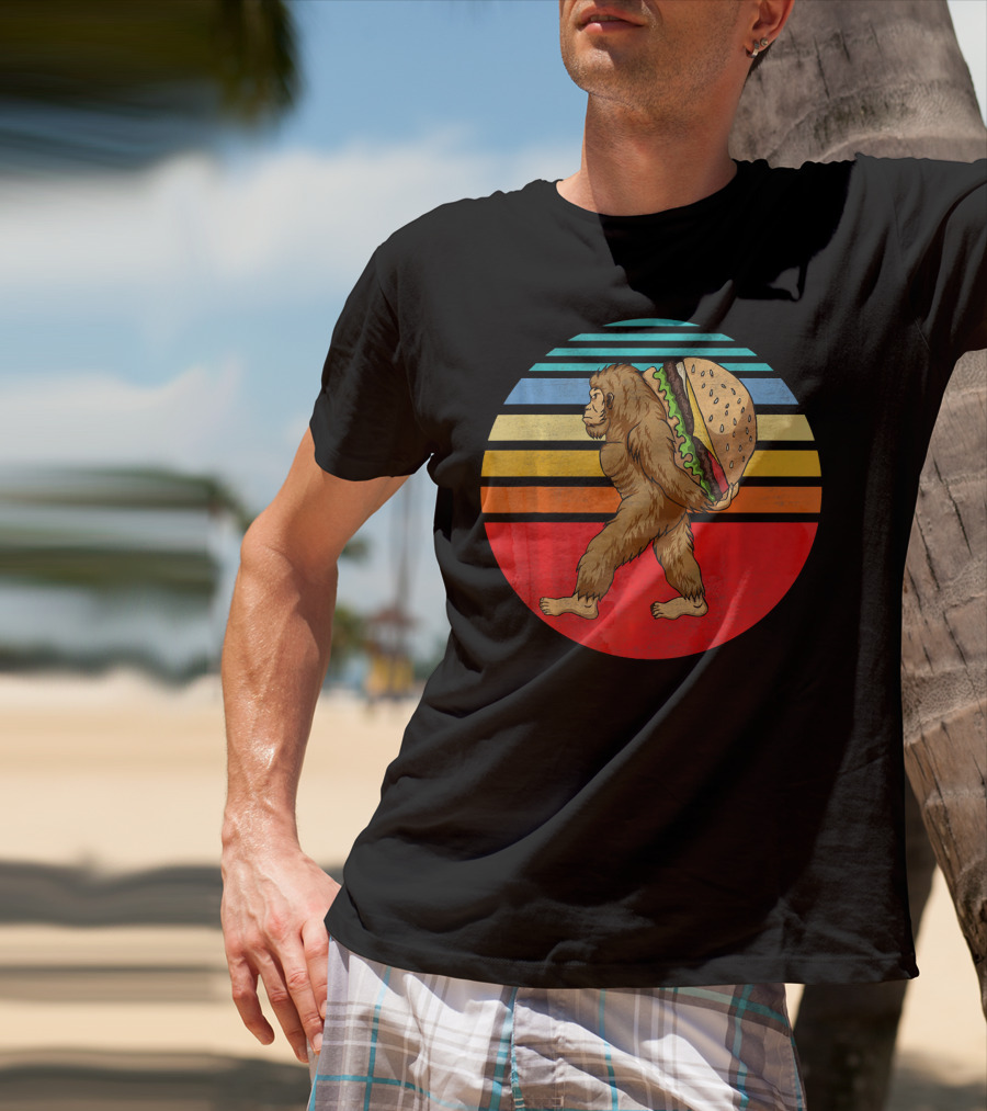 Vintage Bigfoot Carrying Hamburger Retro Stripes T-Shirt