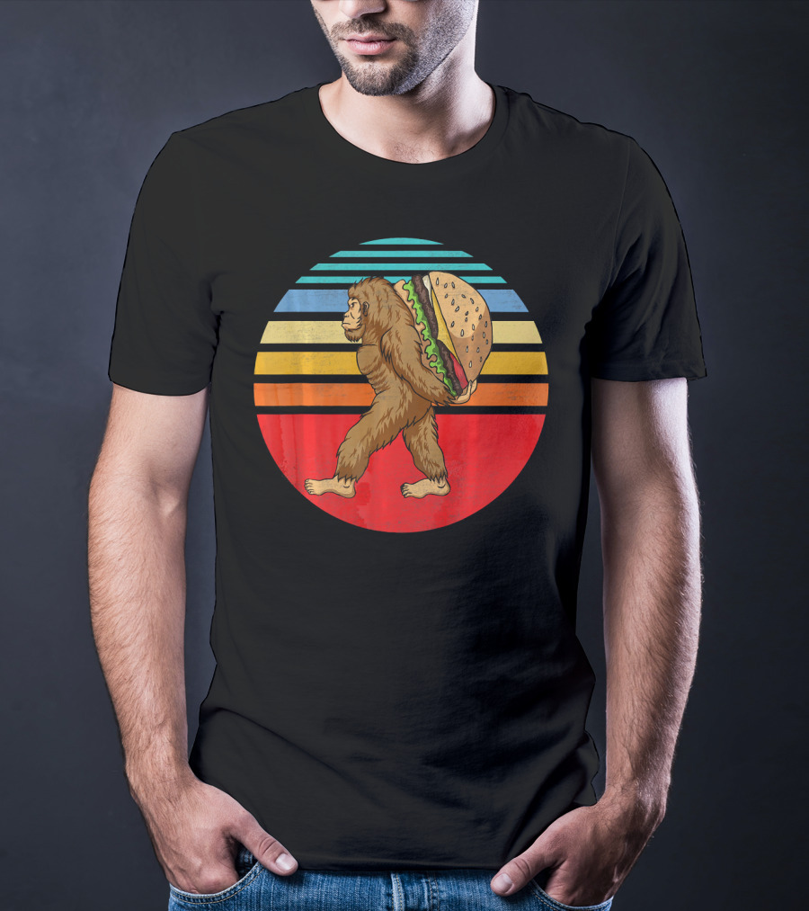 Vintage Bigfoot Carrying Hamburger Retro Stripes T-Shirt