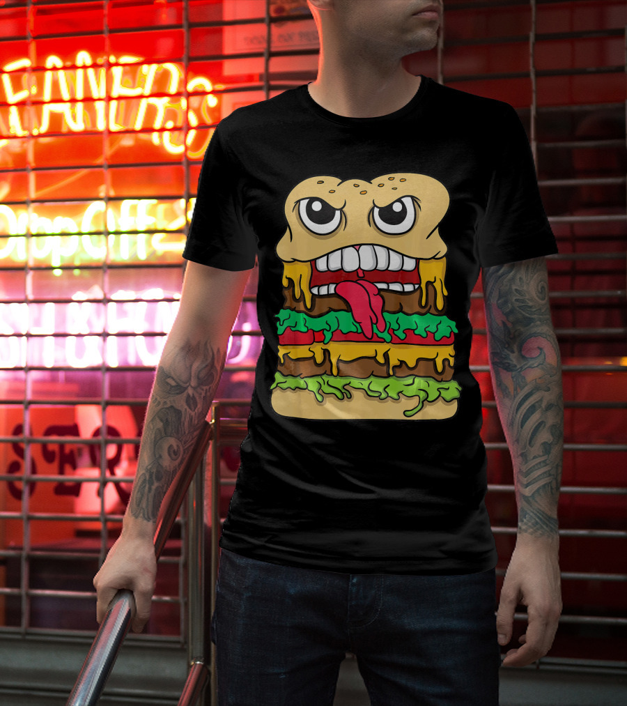 Burger Hamburger Cheeseburger Face With Tongue Out Lettuce And Cheese Layers T-Shirt