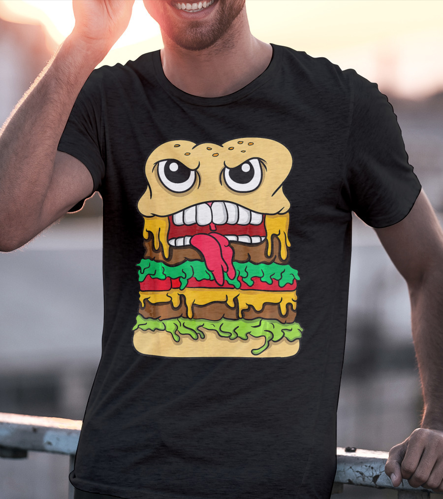 Burger Hamburger Cheeseburger Face With Tongue Out Lettuce And Cheese Layers T-Shirt