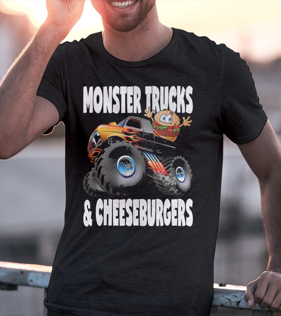 Monster Trucks And Cheeseburgers With Cartoon Cheeseburger Driver T-Shirt