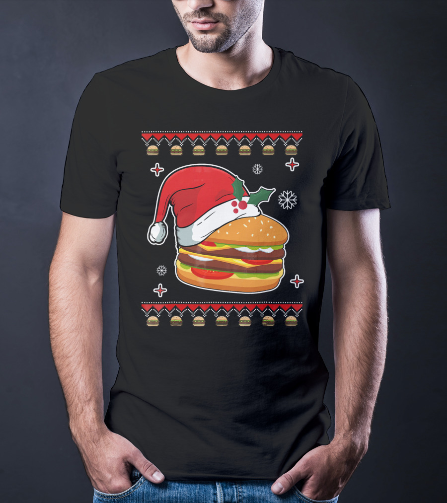 Santa Hat Hamburger Christmas Ugly T-Shirt