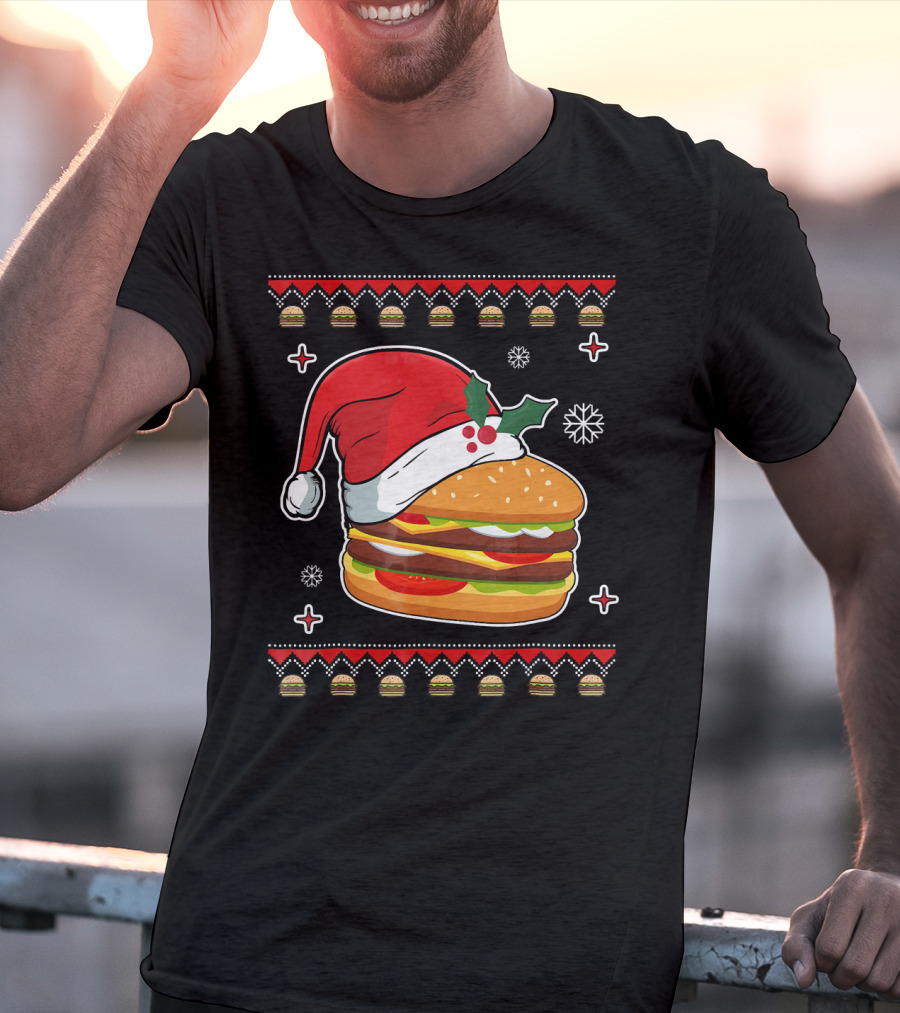 Santa Hat Hamburger Christmas Ugly T-Shirt