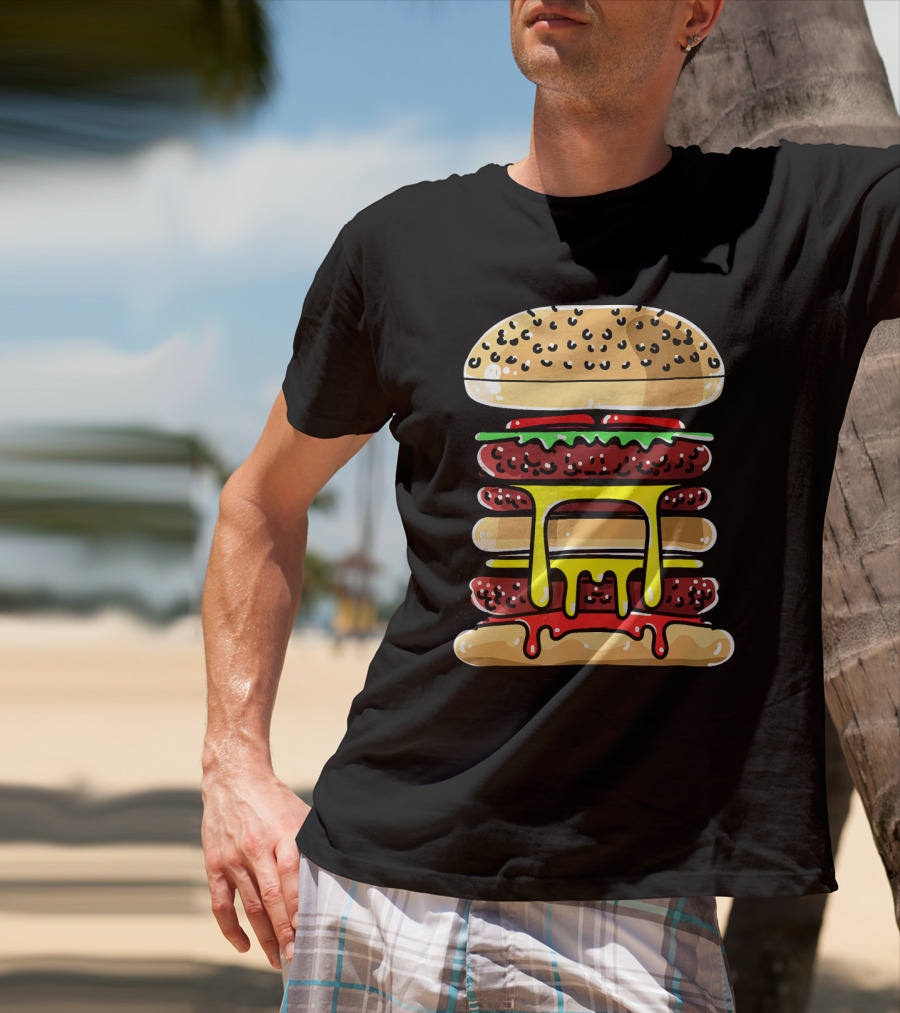 Hamburger Cheeseburger Layered Dripping Fast Food Comic T-Shirt
