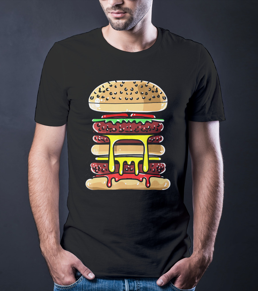 Hamburger Cheeseburger Layered Dripping Fast Food Comic T-Shirt