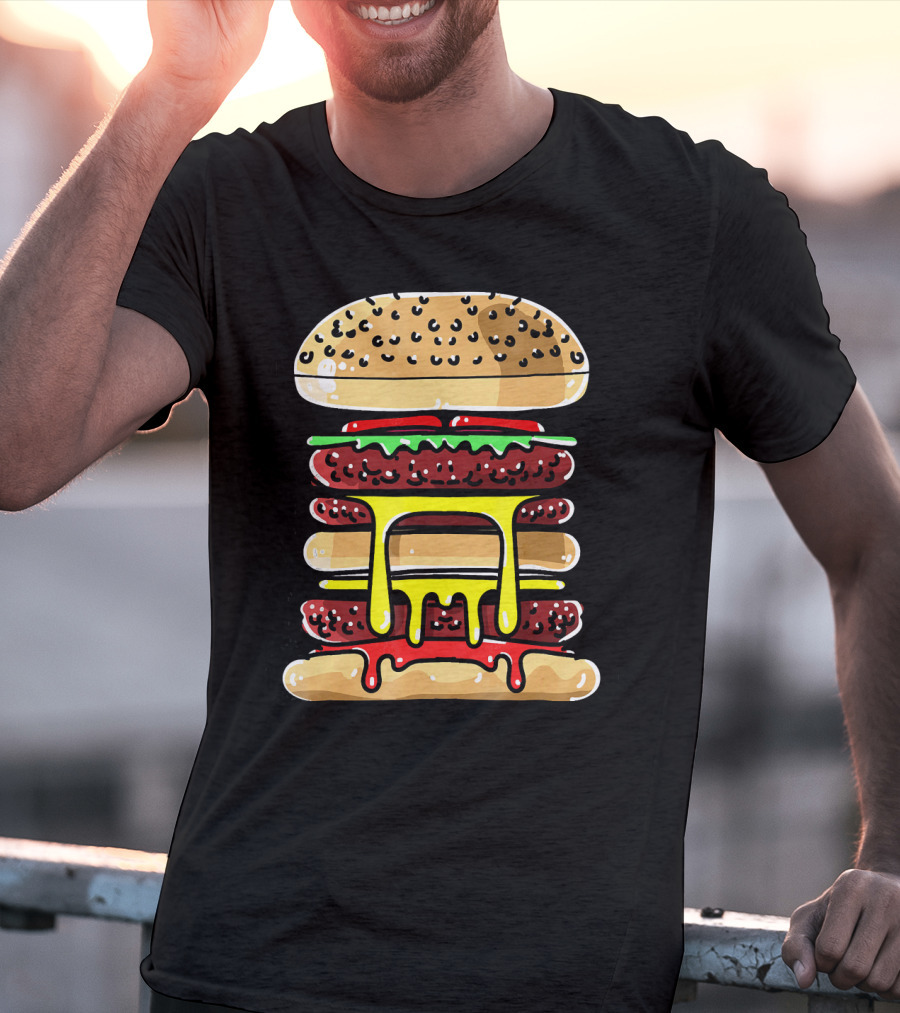 Hamburger Cheeseburger Layered Dripping Fast Food Comic T-Shirt