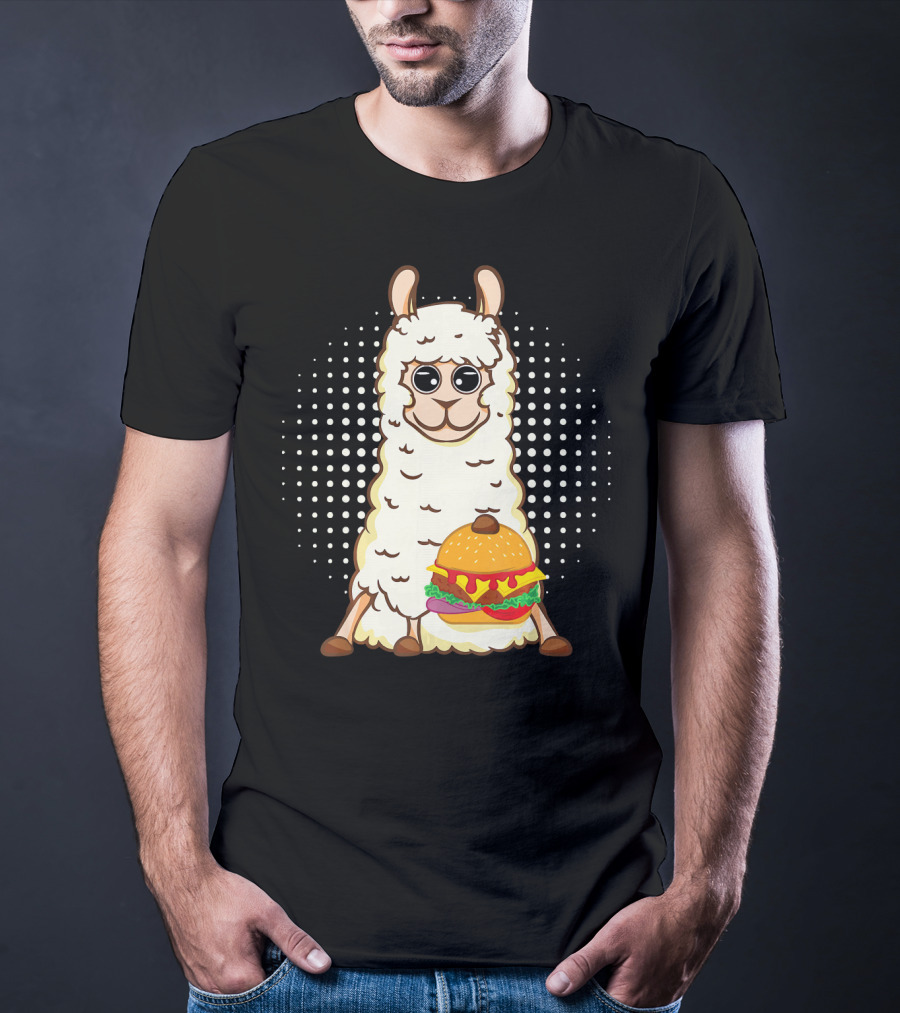 Llama Surprise Funny Sitting With Giant Burger T-Shirt