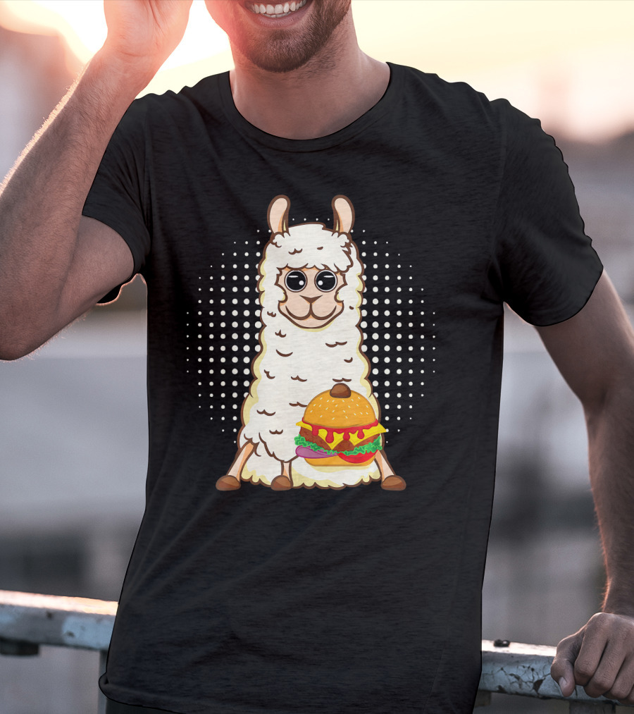Llama Surprise Funny Sitting With Giant Burger T-Shirt