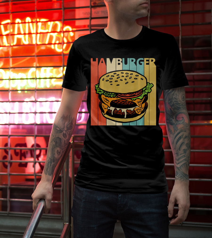 Vintage Retro Hamburger Rainbow Stripe Background T-Shirt
