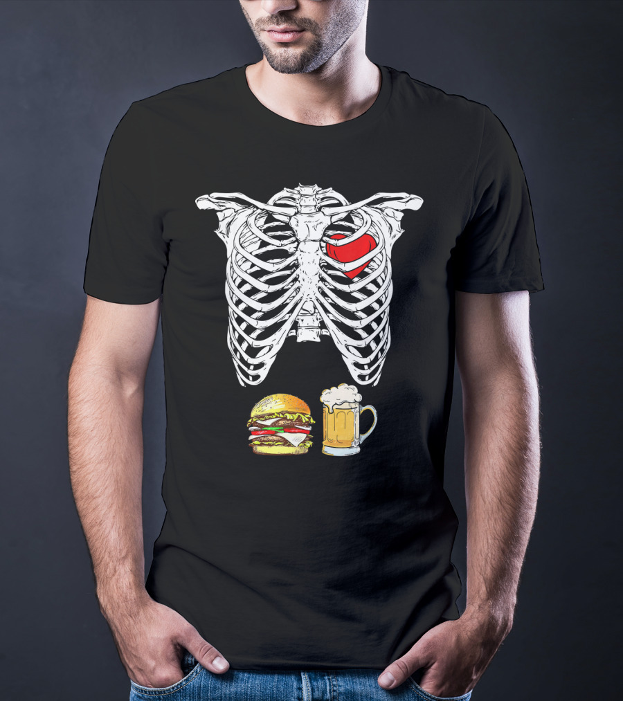 Ribcage Xray Skeleton With Heart Burger And Beer T-Shirt