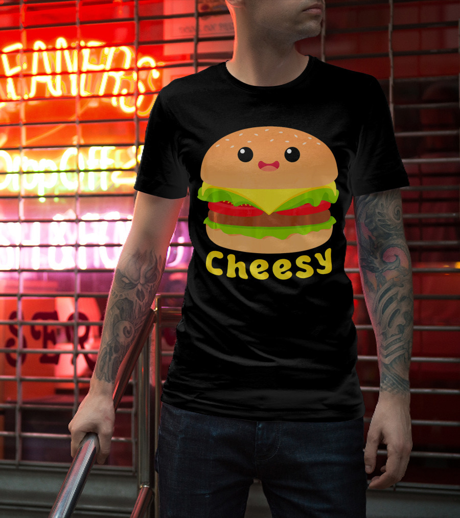 Cheesy Cute Funny Cheese Burger Food Pun Adorable Smiling Burger T-Shirt