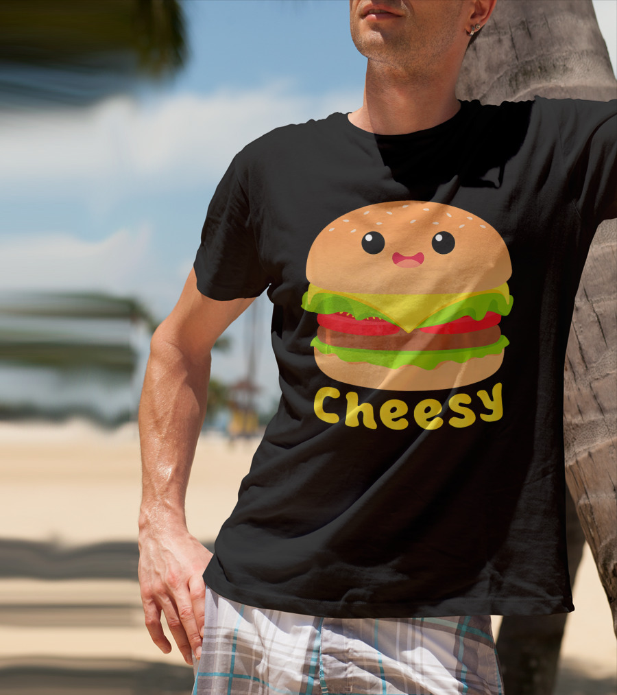 Cheesy Cute Funny Cheese Burger Food Pun Adorable Smiling Burger T-Shirt