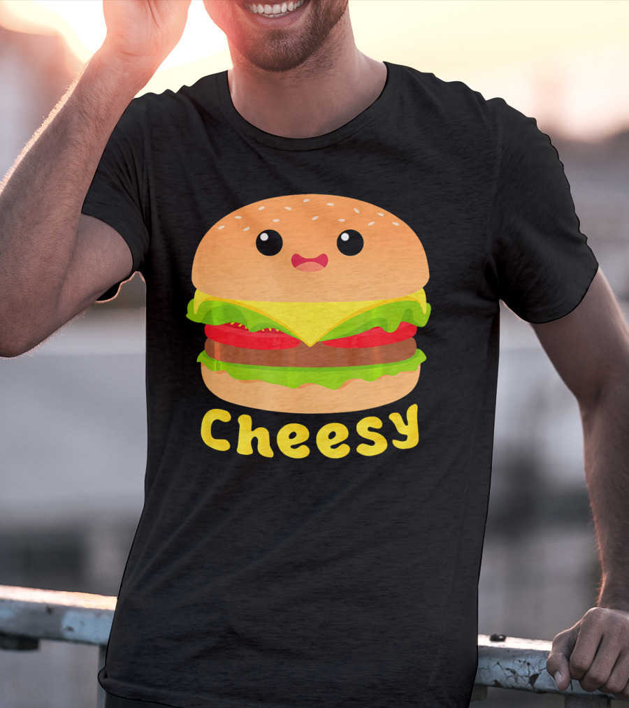 Cheesy Cute Funny Cheese Burger Food Pun Adorable Smiling Burger T-Shirt