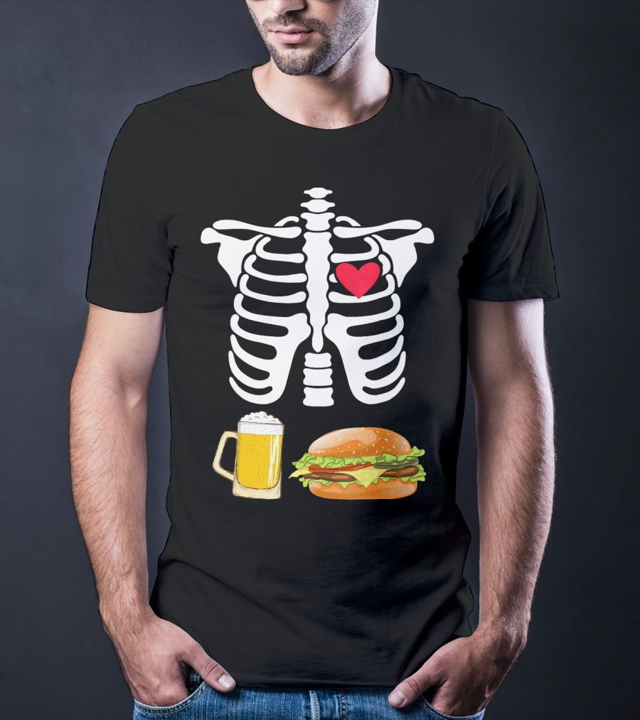 Beer And Burger Heart Ribcage Skeleton T-Shirt