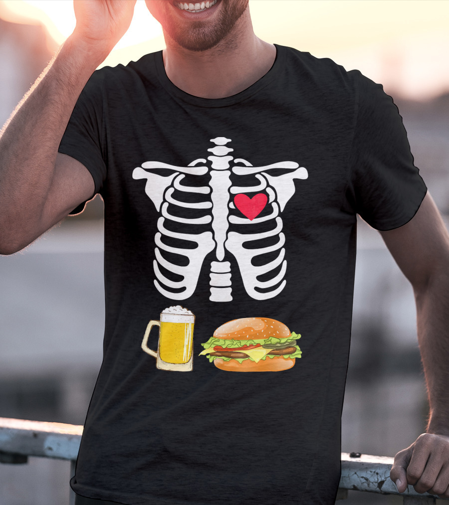 Beer And Burger Heart Ribcage Skeleton T-Shirt
