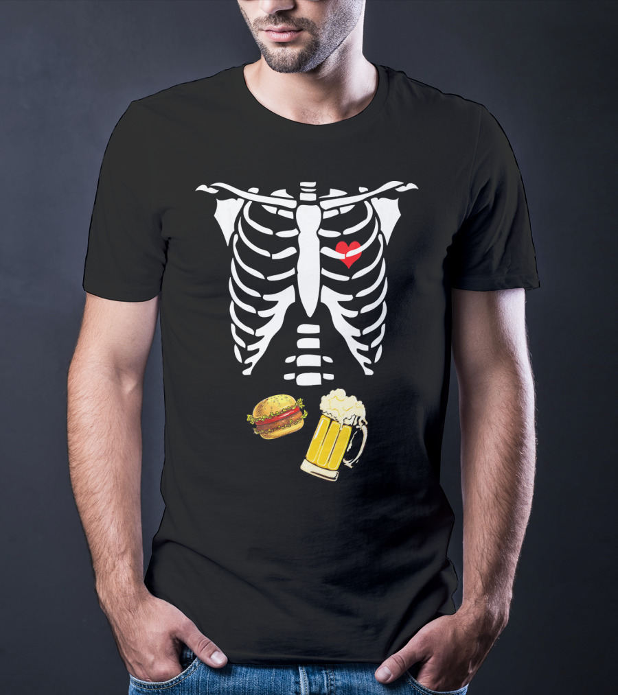 Beer Hamburger Skeleton Ribcage Heart T-Shirt