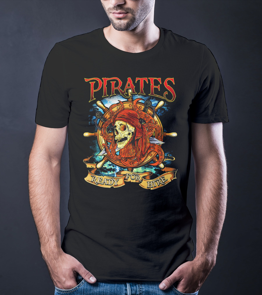 Pirates Ready For Hire Skull With Red Bandana Steering Wheel T-Shirt