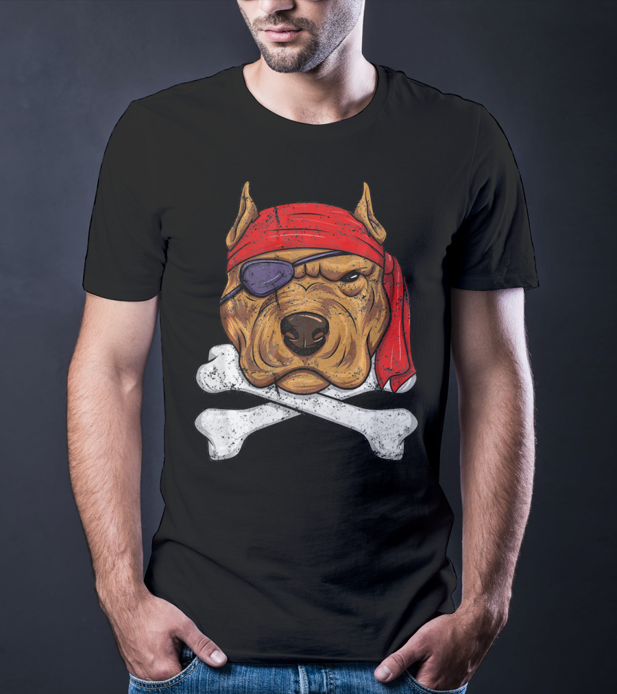 Vintage Pirate Dog Funny Puppy Crossbones Eyepatch Red Bandana T-Shirt