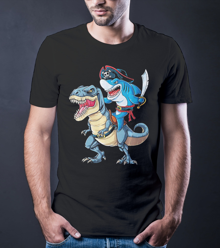 Pirate Shark Wielding Sword Riding Rex Dinosaur T-Shirt