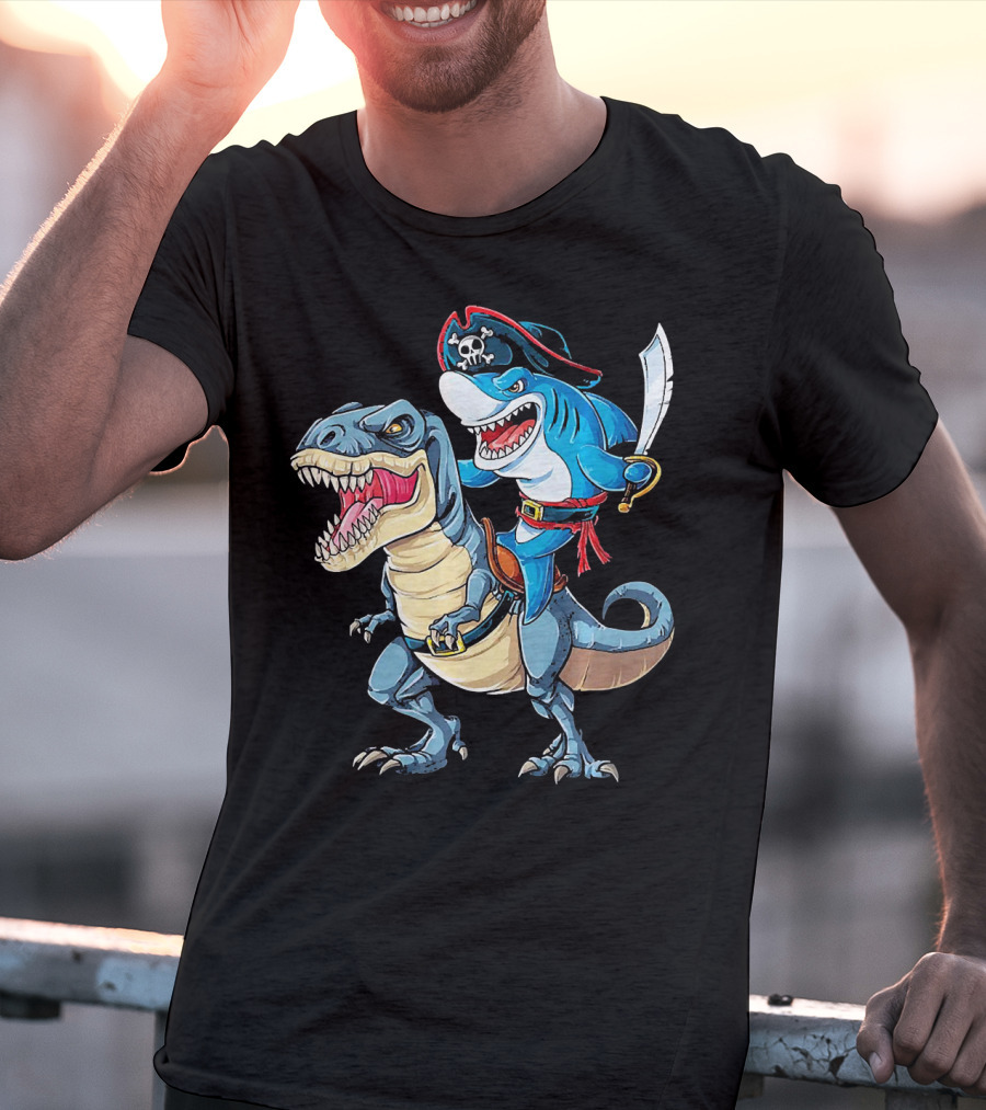 Pirate Shark Wielding Sword Riding Rex Dinosaur T-Shirt