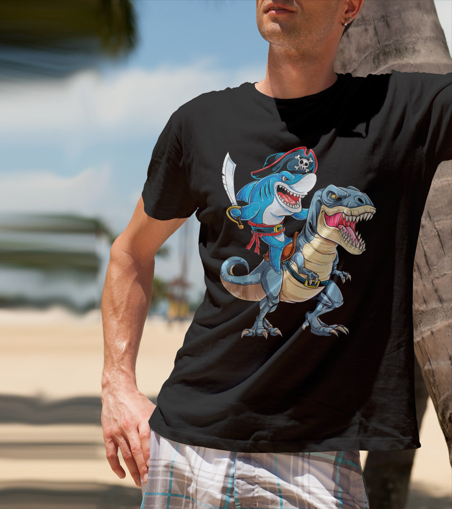 Pirate Shark Riding A Dinosaur T-Rex Jaws T-Shirt