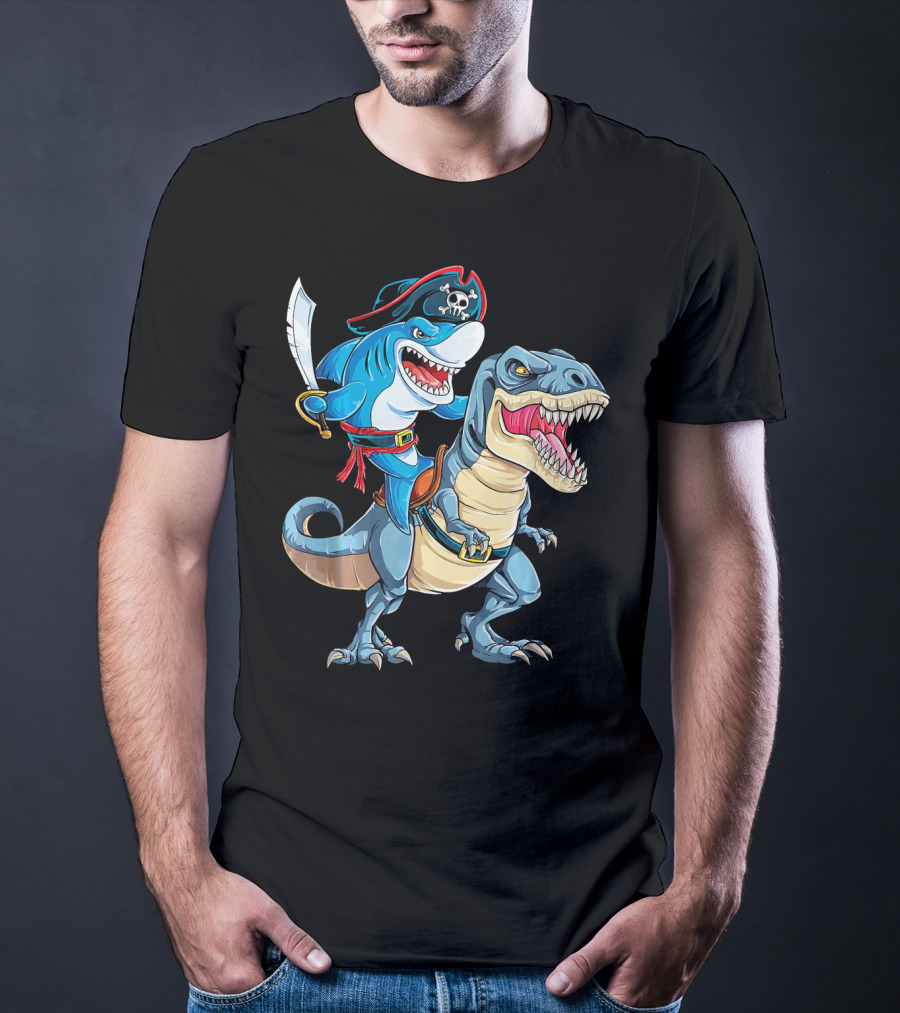 Pirate Shark Riding A Dinosaur T-Rex Jaws T-Shirt