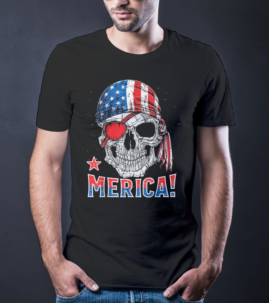 Merica Pirate Skull With American Flag Bandana And Red Eyepatch T-Shirt