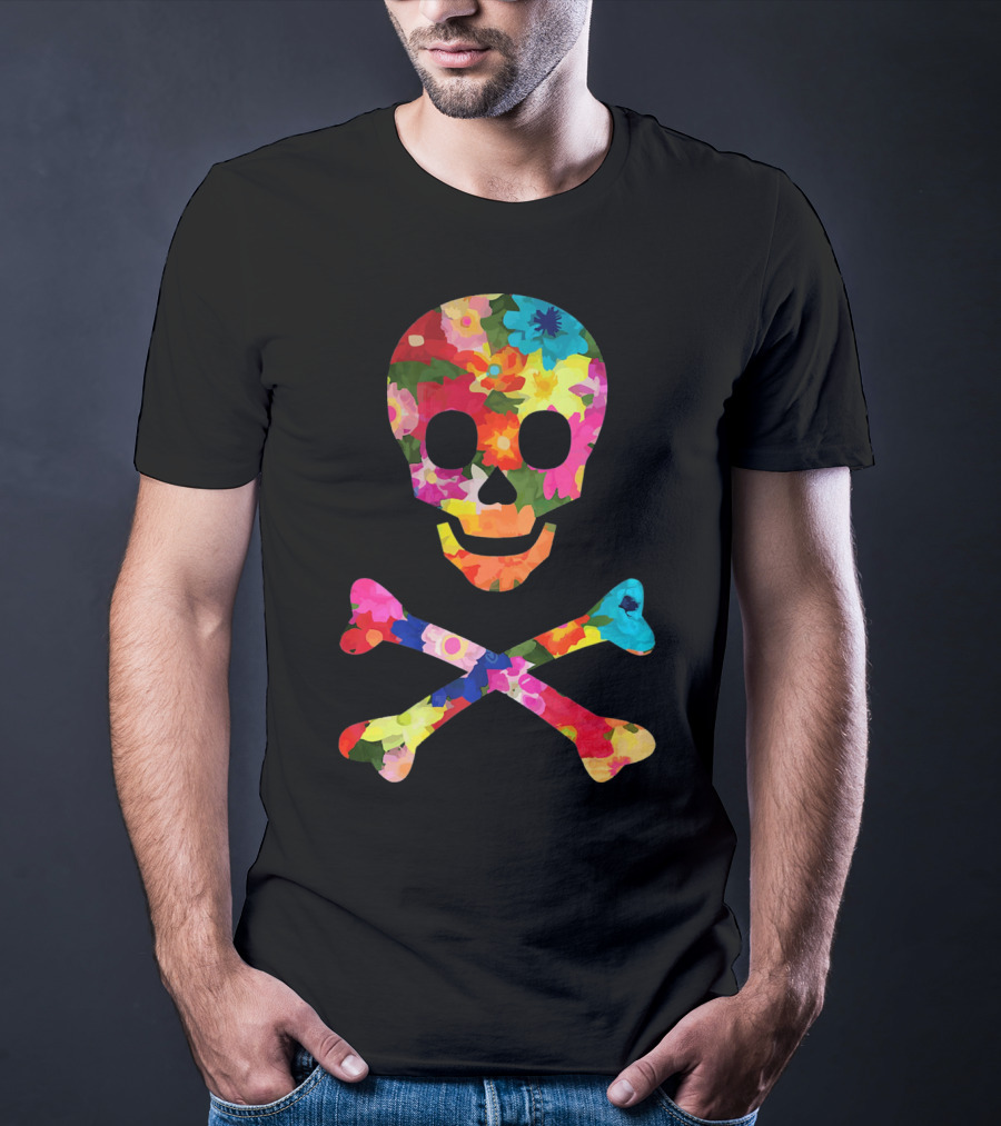 Flower Skull And Crossbones Funky Pirate Multicolor Floral T-Shirt