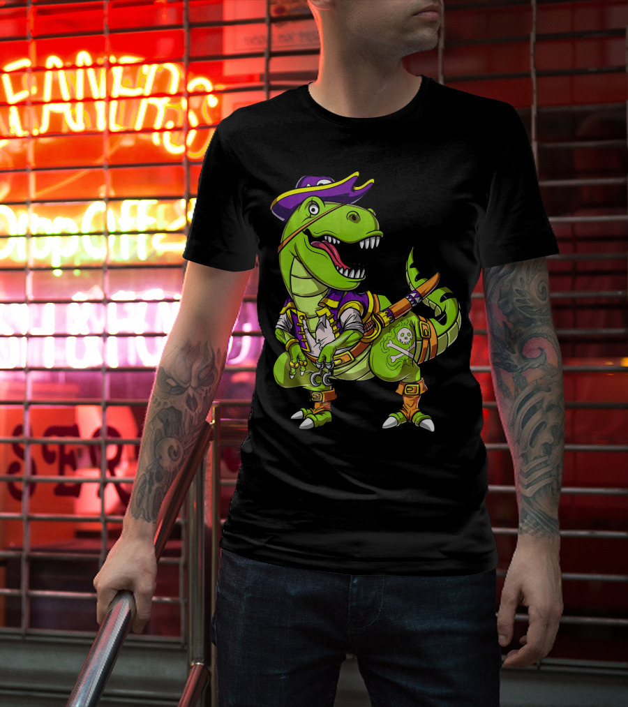 T Rex Dinosaur Pirate Captain With Hat And Hook In Green And Purple T-Shirt