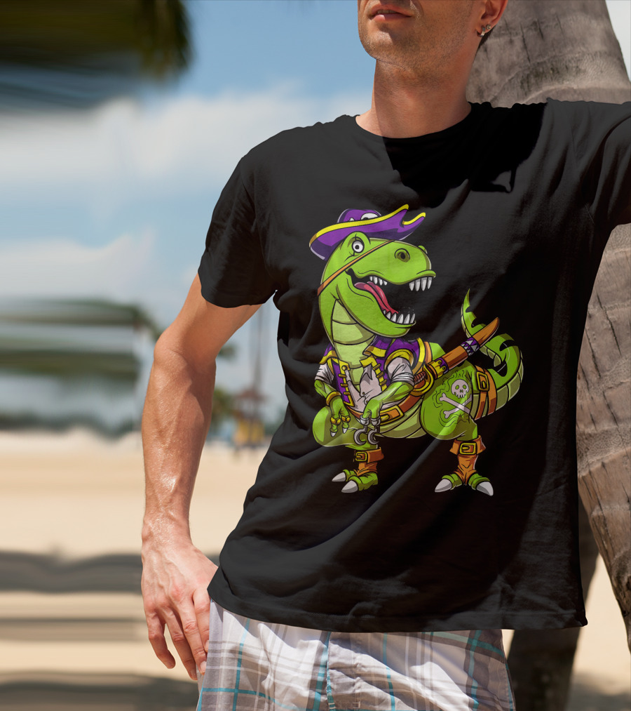 T Rex Dinosaur Pirate Captain With Hat And Hook In Green And Purple T-Shirt