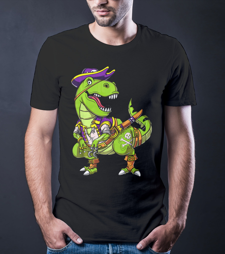 T Rex Dinosaur Pirate Captain With Hat And Hook In Green And Purple T-Shirt