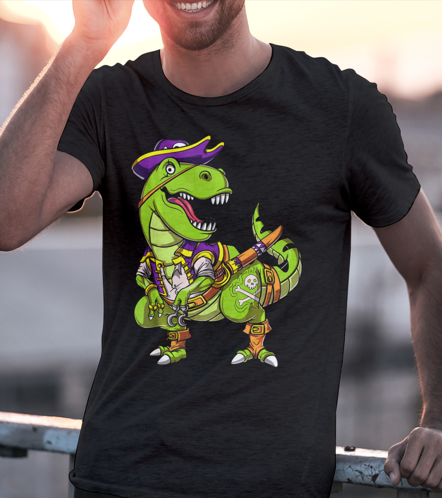 T Rex Dinosaur Pirate Captain With Hat And Hook In Green And Purple T-Shirt