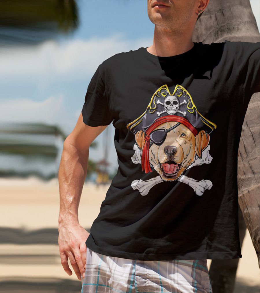 Labrador With Pirate Skull Hat And Crossbones T-Shirt